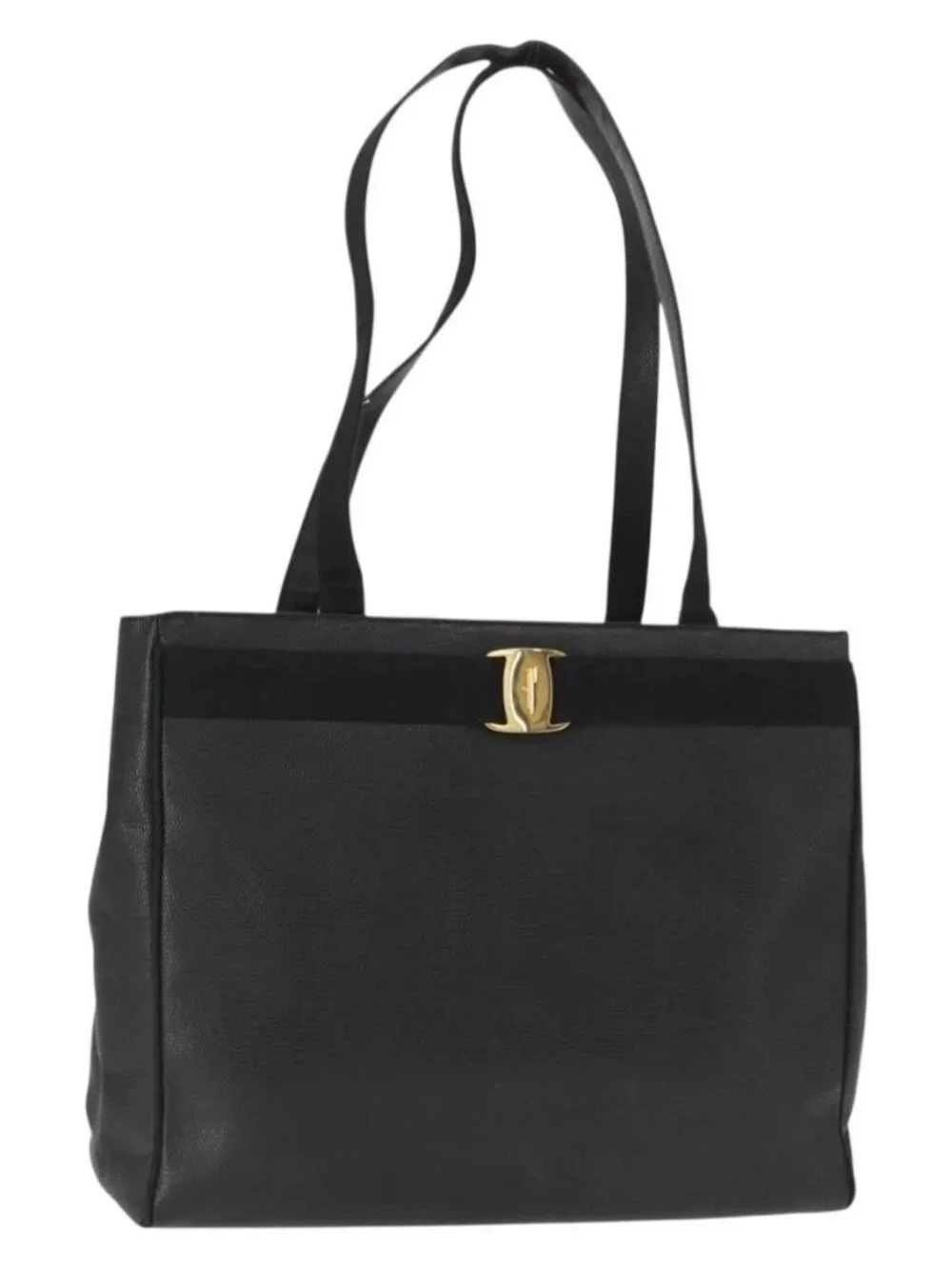 Salvatore Ferragamo Vala Tote Bag Leather Black Gold Auth gh1481